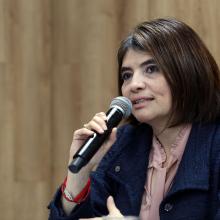 Doctora Adriana Ávila, haciendo uso de la voz durante la rueda de prensa