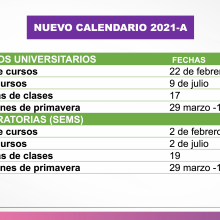 Fechas de nuevo calendario 2021A, Inicio de cursos 22 de febrero