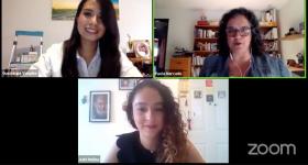 estudiante Guadalupe Valadez, Coordinadora Paola Mercado y profesora Adriana Molina durante webinario