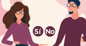 Imagen del cursos, mujer y hombre mirándose con los textos explísitos Si, No entre sus manos