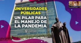Texto: Universidades públicas un pilar para el manejo de la pandemia, de fondo el edificio UdeG